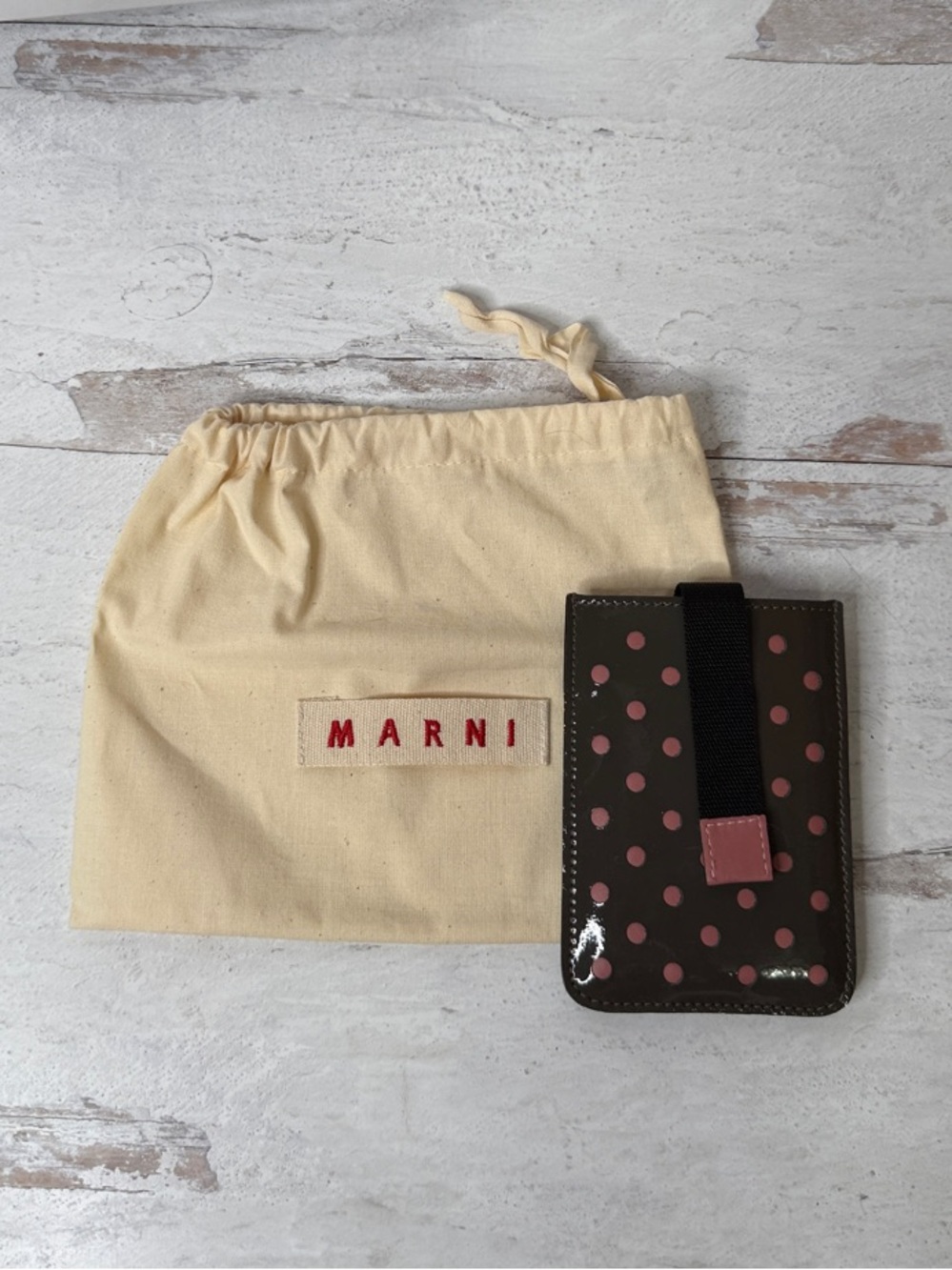 Marni Card Holder Dark Brown with Pink Polka Dots